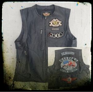 Harley Davidson Black Leather Biker Vest Cut With Arizona Club Patches. 